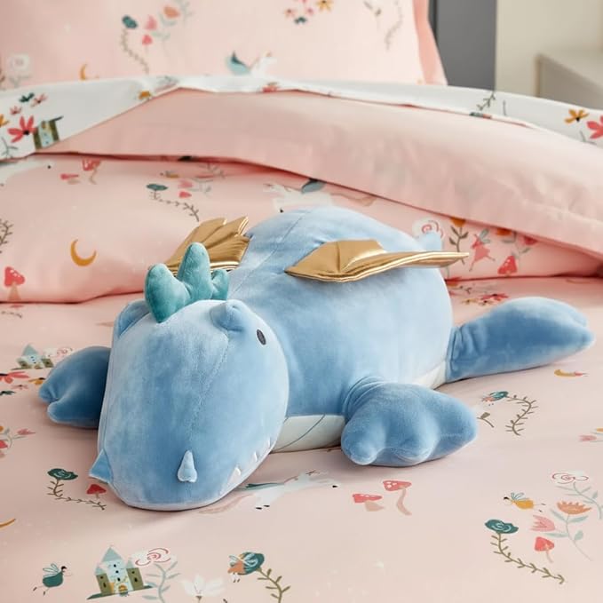 KOWSI® Microwavable Heating Pad Blue Winged Dragon Plush - 1.4 Lb Weighted Stuffed Animal Toy with Tourmaline Beads & Lavender - 16" Squished Long Dinosaur Pillow - Lumbar Back Cushion Lasting Warmth