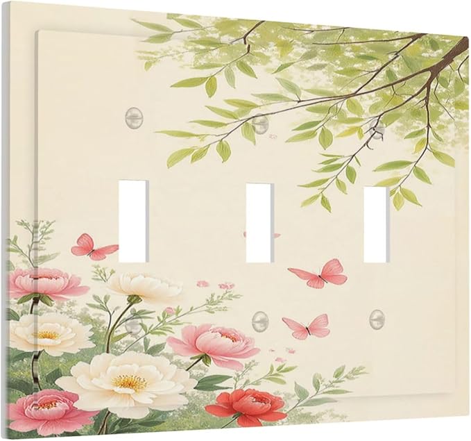 Decorative Switch Plates Garden Flowers Green Leaves And Butterflies 3 Gang Wall Plate Faceplate Triple Toggle Light Switch Cover Electrical Wall Panels for Bedroom Cabin Decor