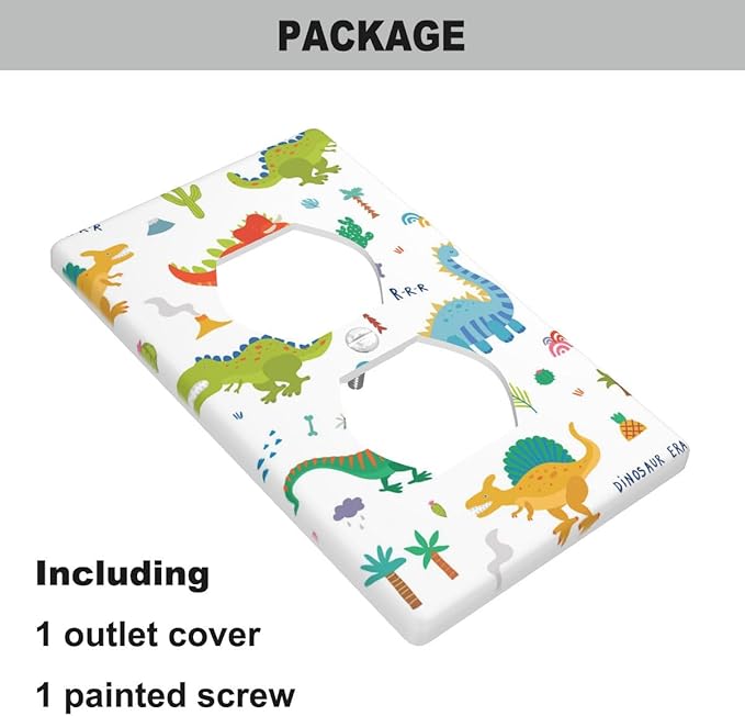 Dinosaur Outlet Covers Colorful Dinosaurs White Duplex Receptacle Wall Plate Standard 1 Gang Plug Cover for Teen Boy Girl Room Wall Wart Decor