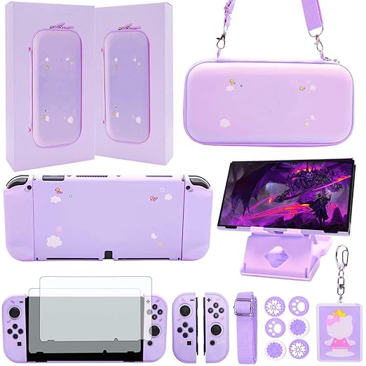 GUTIAL Accessories Bundle for Nintendo Switch OLED - Cute Kawaii NS OLED Accessories kit for Grils Boys Kids with Carrying Case, Cartoon Dockable Cover Case, Screen Protector, Stand - Purple