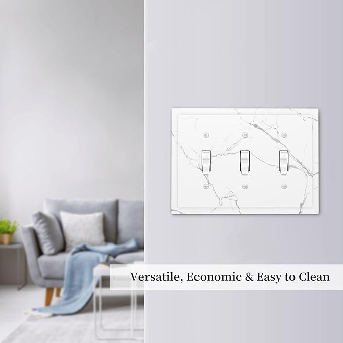 Luxurious White Marble Abstract Print Decorative Switch Plates 3 Gang Wall Plate Triple Toggle Light Switch Cover Faceplate Electrical Wall Panels for Bathroom Kitchen Bedroom Decor