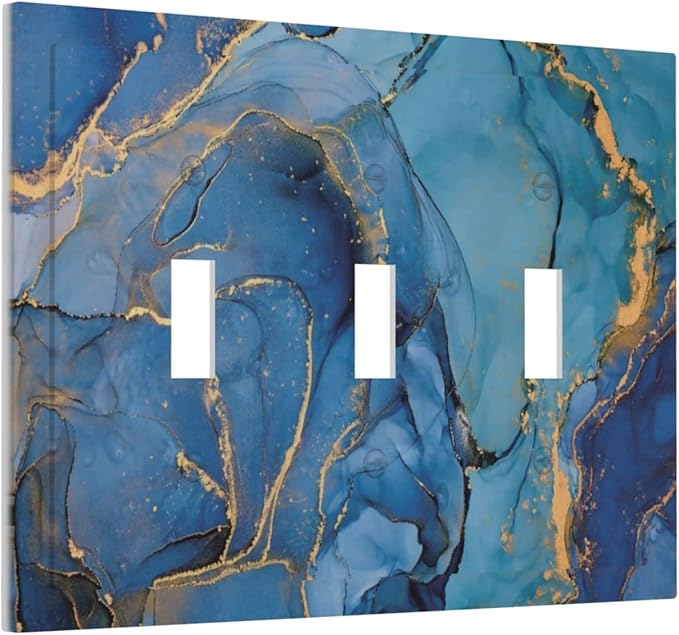Blue Marble Triple Toggle Light Switch Cover Decorative 3 Gang Wall Plates Modern Ombre Watercolor Ink Art Electrical Faceplate for Decor Bathroom Kitchen Bedroom