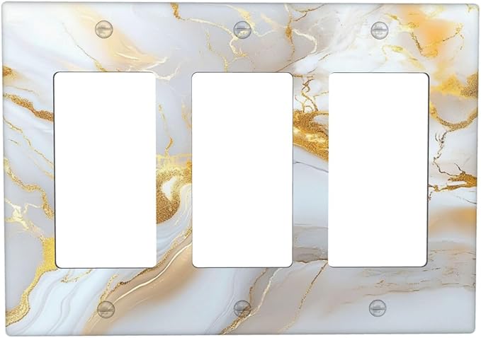 Decorative Light Switch Plate Abstract Gold Marble Design with White & Gold 3 Gang Outlet Covers Triple Rocker Wall Plate Switch Plate Cover for Modern Luxurious Decor