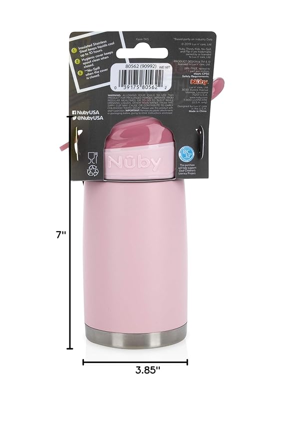 Nuby Thirsty Kids No Spill Flip-It Reflex Stainless Steel Travel Cup or Water Bottle - 10 Oz - 18+ Months - Pink - Back to School Essentials,(Pack of 12)