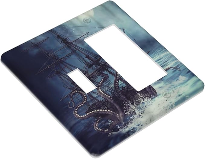 Octopus Ocean Kraken Nautical Pirate Ship 2 Gang Single Toggle Rocker Combination Light Switch Cover Unique Decorative Wall Plate Cover Electrical Faceplate Switchplate for Kitchen Bathroom Decor