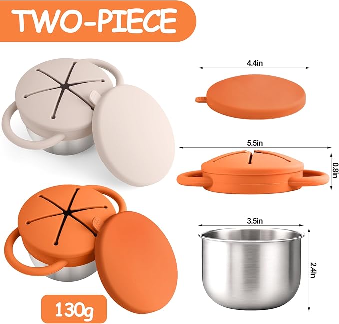 Mity rain Stainless Steel Snack Containers for Toddlers with Spill-Proof Silicone Lids Handles - 3-in-1 Baby Snack Cups, No-Spill Toddler Snack Box (Orange+Beige, Two piece set)