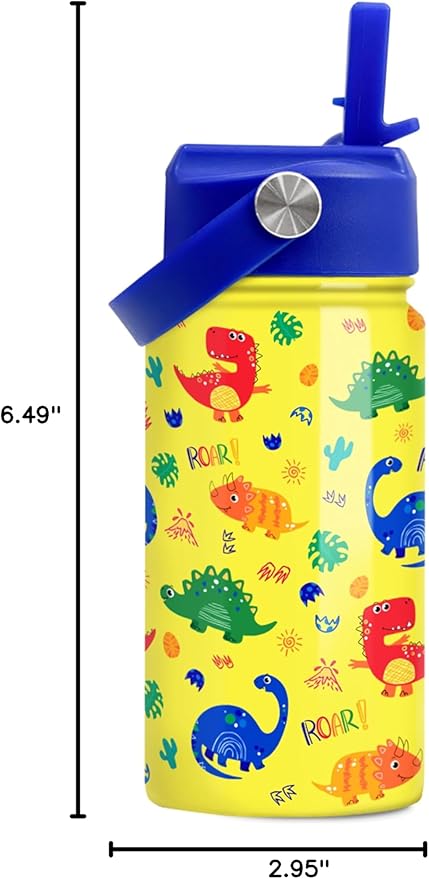 Dinosaur Kids Water Bottle - 12 Oz Insulated Stainless Steel - Straw Lid for Toddlers & Kids - School & Sports Travel Cup
