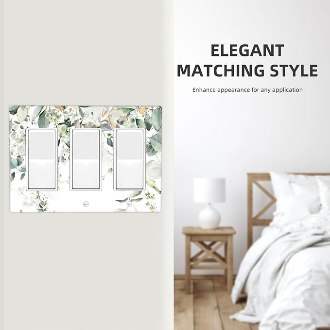 Green Leaves Watercolor Triple Gang Rocker Decorative Light Switch Cover, 3-Gang Wall Plate Outlet Cover