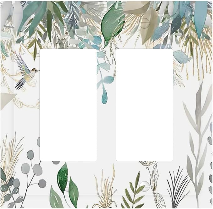 Green Tropical Palm Leaves Flower Plants Hummingbird Decorative Outlet Covers 2 Gang Double GFCI Rocker Electrical Wall Panels Light Switch Cover Plate for Bed Room Living Room Decor