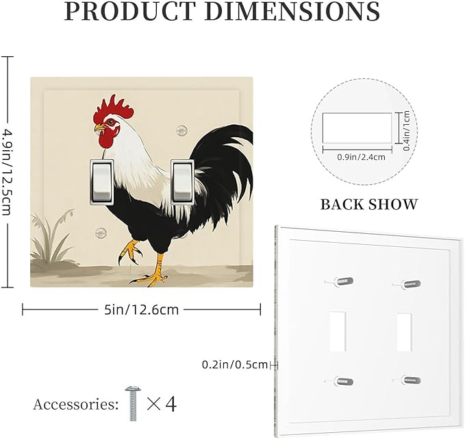 Watercolor Rooster Double Toggle Switch Cover - 2-Gang Standard US Size Farmhouse Rooster Light Switch Covers for Kitchen Living Room Dining Room Decor