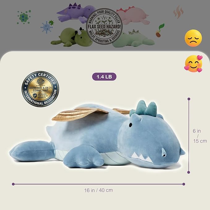 OSOCU® Microwavable Heating Pad Blue Winged Dragon Plush - 1.4 Lb Weighted Stuffed Animal Toy with Tourmaline Beads & Lavender - 16" Squished Long Dinosaur Pillow - Lumbar Back Cushion Lasting Warmth