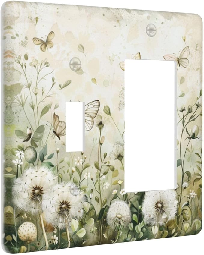 Light Switch Cover Plate Watercolor Butterflies Dandelions Wildflowers 2 Gang Combo Wall Plates Toggle Rocker Decorative Switch Plates and Outlet Covers for Bathroom Bedroom Decor