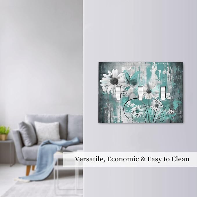 Decorative Switch Plates Teal Daisy Floral Vintage Wood Plank 3 Gang Wall Plate Triple Toggle Light Switch Cover Faceplate Electrical Wall Panels For Farmhouse Cabin Decor