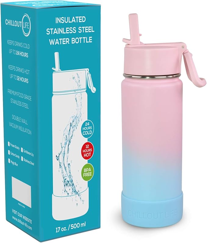 CHILLOUT LIFE 17 oz Kids Insulated Water Bottle for School with Straw Lid Leakproof and Cute Waterproof Stickers, Personalized Stainless Steel Thermos Flask Metal Water Bottle for Girls & Boys