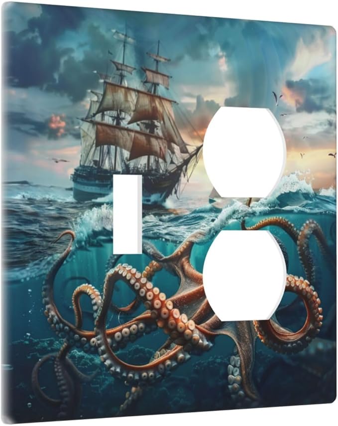 Light Switch Cover Plate Sailboat Ship Octopus Ocean Sea Waves 2 Gang Decorative Switch Plates 1 Toggle Duplex Combo Outlet Covers GFCI Wall Plates for Bathroom Bedroom Decor