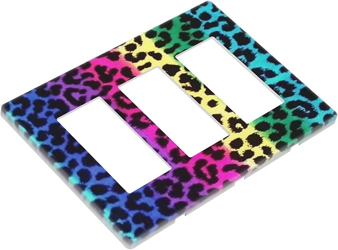 Rainbow Colorful Leopard 3 Gang Triple Rocker/Decor Light Switch Wall Plate Cover Decorative Electrical Faceplate For Girls Boys Home Bedroom Decorate Large Size 6.57" x 4.65