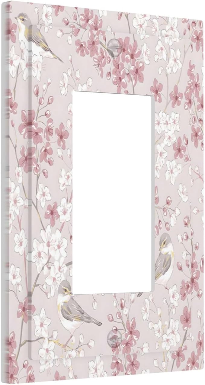 Pink Sakura Cherry Blossom Vintage Bird Floral Flower Decorative Outlet Covers 1 Gang Single Rocker Light Switch Cover Plate Wall Plates GFCI Faceplate for Bedroom Living Room Decor
