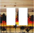 Sunset Beach Coconut Palm Tree Wooden Background Decorative Outlet Covers 2 Gang Double GFCI Rocker Electrical Wall Panels Light Switch Cover Plate for Bedroom Living Room Decor