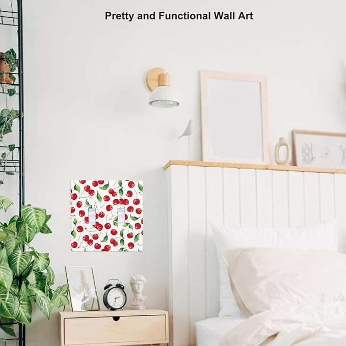 Cherry Fruits 2 Gang Wall Plate Red Cherries with Green Leaves Double Toggle Light Switch Cover Electrical Switchplate Decorative Faceplate Standard Size Home Decor