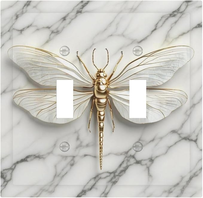 White Gold Marble Dragonfly Abstract Modern Decorative Switch Plates 2 Gang Double Toggle Outlet Light Switch Cover Wall Plate Electrical Faceplate for Bathroom Home Decor