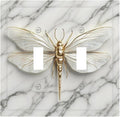 White Gold Marble Dragonfly Abstract Modern Decorative Switch Plates 2 Gang Double Toggle Outlet Light Switch Cover Wall Plate Electrical Faceplate for Bathroom Home Decor