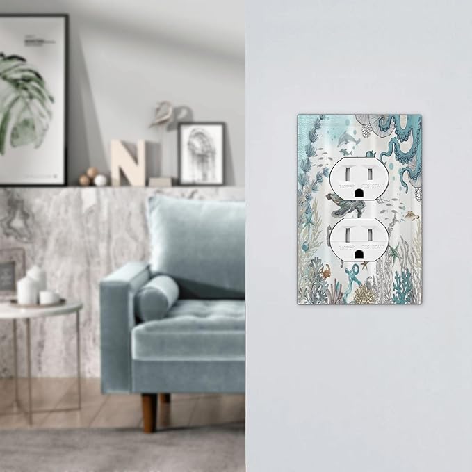 Sea Turtle Octopus Ocean Underwater Animal 1 Gang Outlet Plate Decorative Single Duplex Wall Plate Covers Unique Electrical Receptacle Light Switch Cover Faceplate Switchplate for Bathroom Decor