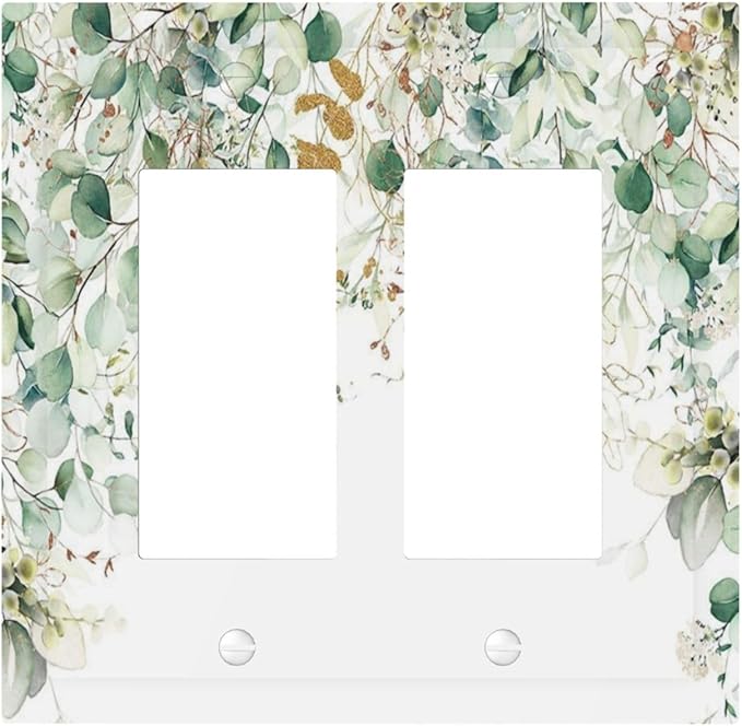 Gold Green Eucalyptus Leaves Plants Flowers Floral Decorative Outlet Covers 2 Gang Double GFCI Rocker Electrical Wall Panels Light Switch Cover Plate for Bedroom Living Room Decor