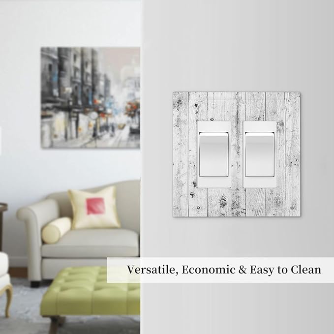 Decorative Outlet Covers Rustic White Grey Wood Grain 2 Gang Double GFCI Rocker Electrical Wall Panels Light Switch Cover Plate for Farmhouse Home Decor