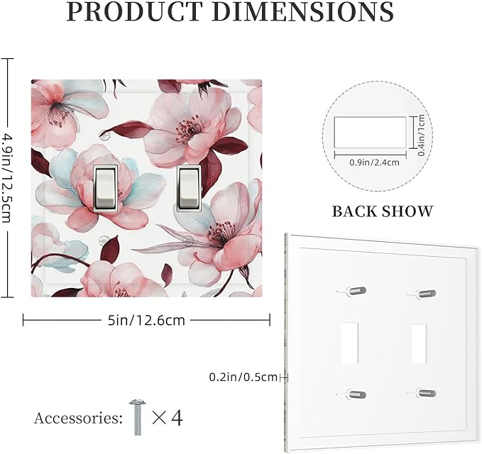 Watercolor Pink Cherry Blossom & Floral Burst Double Toggle Switch Cover - 2-Gang Standard US Size Romantic Floral Escape Light Switch Covers for Bathroom Bedroom Vanity Decor