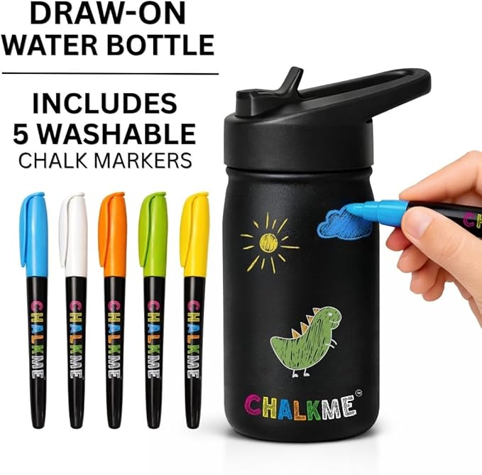Kids Water Bottle 11.9oz Stainless Steel Vacuum Insulated with Washable Markers Included, Decorate Your Own Water Bottle, Dishwasher Safe, Easter Basket Stuffers for Boys & Girls