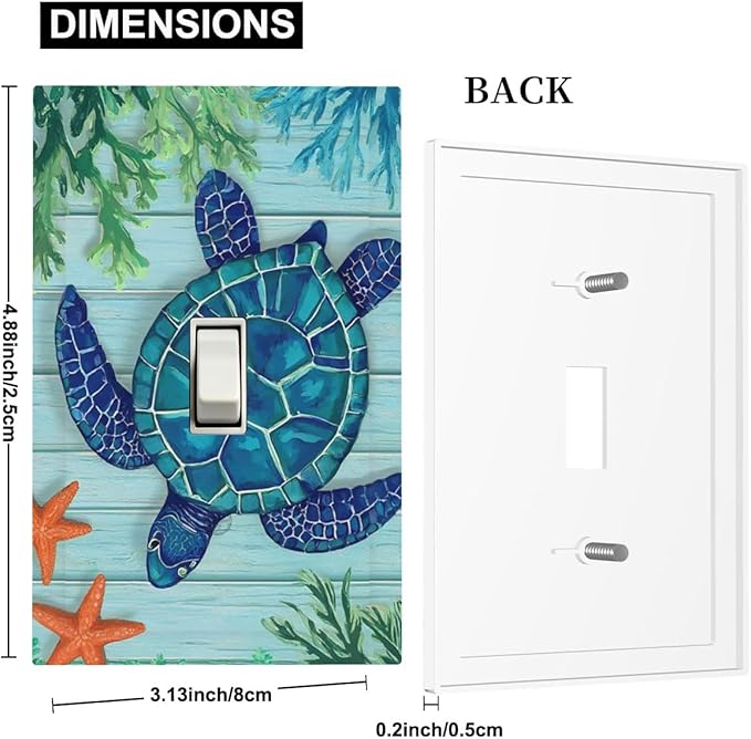 Coastal Sea Turtle 1-Gang Toggle Light Switch Plate, Mosaic Starfish Nautical Ocean Theme Decorative Wall Plate for Coastal Homes