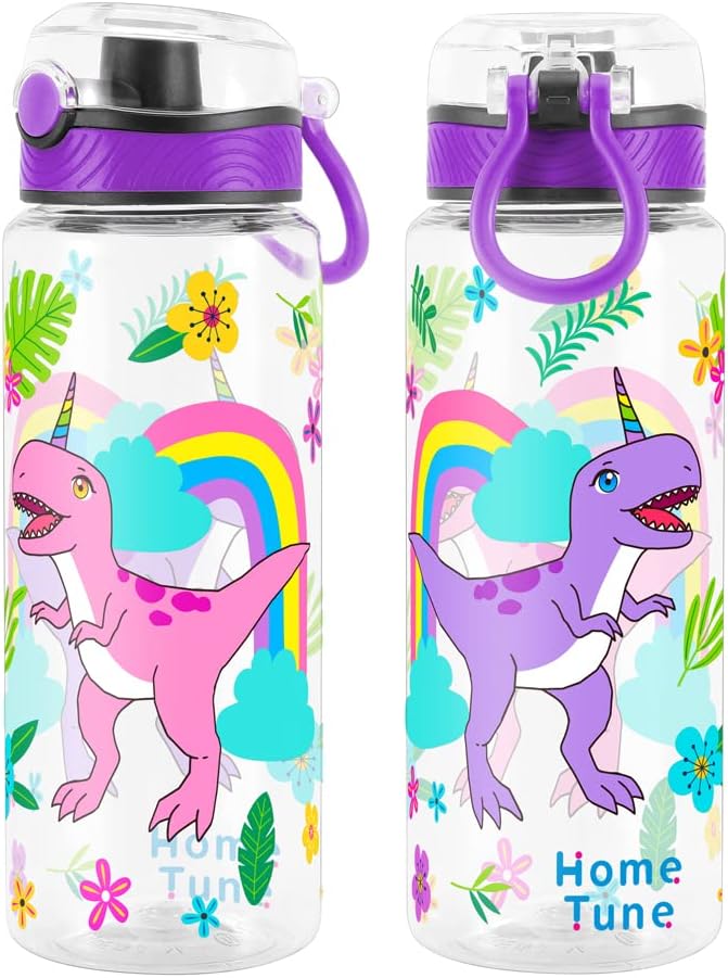 Home Tune Cute Water Bottle for School Kids Girls, BPA FREE Tritan & Leak Proof & Easy Clean & Carry Handle, 23oz/ 680ml (Rainbow Dinosaur)