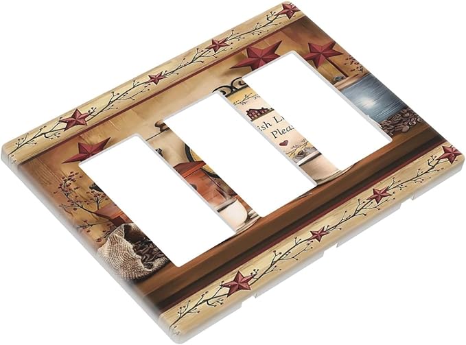 Barn Kitchen Cafe Coffee Texas Star Triple Decorator Light Switch Cover 3 Gang GFCI/Rocker Wallplate Decorative Electrical Faceplate Switchplate Dimmer Screwless