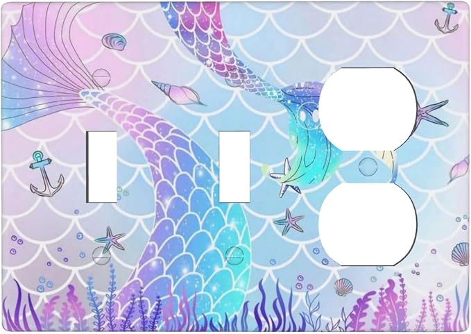 Cartoon Pink Girl Mermaid Scales Tail 3 Gang 2 Toggle 1 Duplex Combination Light Switch Plate Decorative Triple Toggle Wall Plate Cover Electrical Faceplate Switch Face Plate