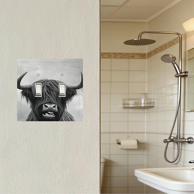 Highland Cow Black & White Portrait Double Toggle Switch Cover - 2-Gang Standard US Size Playful Farm Animal Light Switch Covers for Living Room Decor