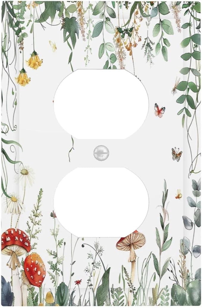 Outlet Covers Sage Plant Red Mushroom Butterfly Wild Flower 1 Gang Duplex Light Switch Cover Decorative Switch Plates Electrical Receptacle Faceplate Wall Plate For Bed Room Kids Room
