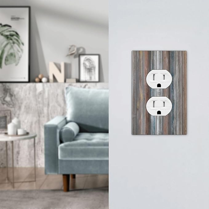 Outlet Covers Vintage Blue Grey Wood Plank 1 Gang Duplex Light Switch Cover Plate Rustic Country Decorative Wall Plates Electrical Switchplate Receptacle Cover for Farmhouse Home Decor