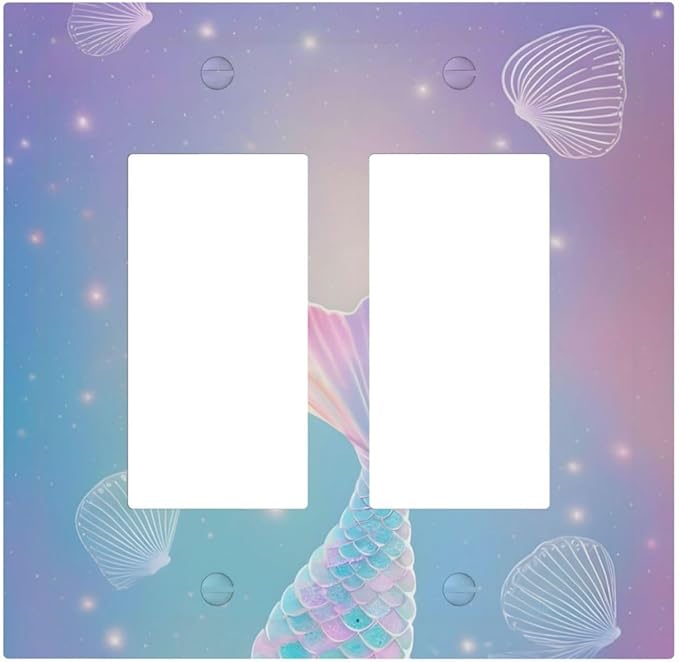 Cute Mermaid Pink Tail Scales Shells Colorful Ocean Decorative Outlet Covers 2 Gang Double GFCI Rocker Electrical Wall Panels Light Switch Cover Plate for Kids Room Nursery Decor
