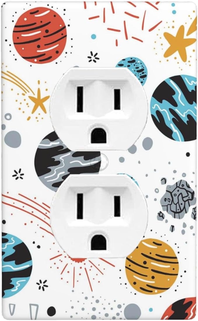 Space Planets Stars 1-Gang Duplex Wall Plate, Cartoon Space Outlet Cover Standard Size Decorative Faceplate for Kids Room, Playroom & Home Decor