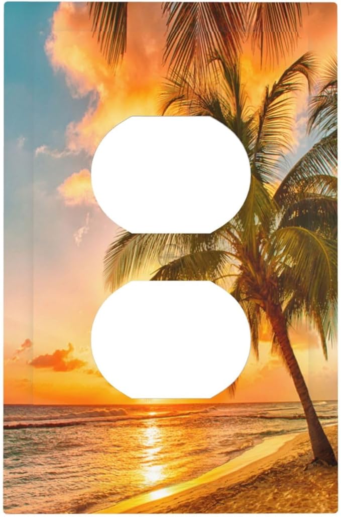 Outlet Covers Sunset Beach Palm Tree Seascape 1 Gang Duplex Light Switch Cover Plate Tropical scenery Decorative Wall Plates Electrical Switchplate Receptacle Cover for Bathroom Home Decor