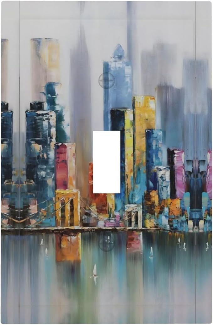 Colorful Nyc Skyline Textured Modern Abstract Decorative Light Switch Cover 1 Gang Single Toggle Device Electrical Faceplate Switchplates Decorator Outlet Wall Plate for Bedroom Living Room Decor
