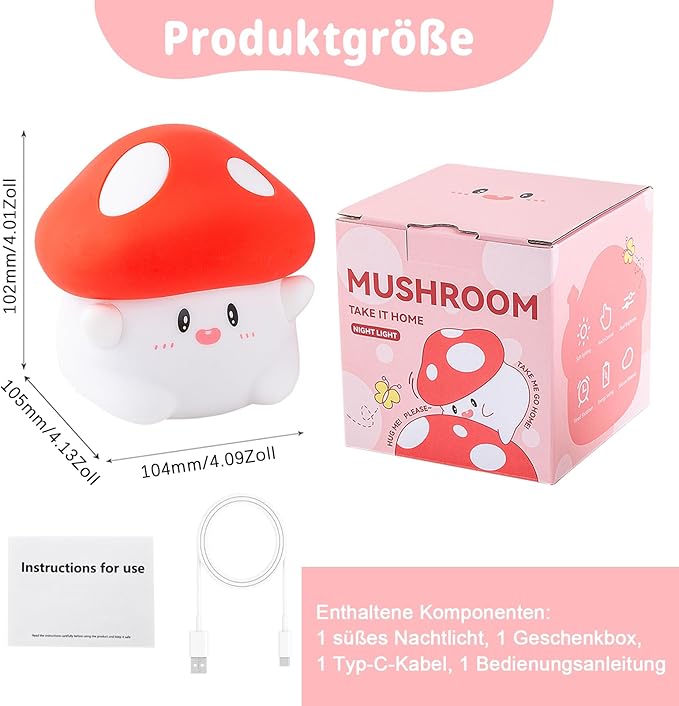 Rytinazzz Hug Mushroom Night Light, 50-Hour Battery & Pat Control, Squishy Lamp for Kids Bedroom, Girls, USB Rechargeable with Timer, Mothers Day Gifts