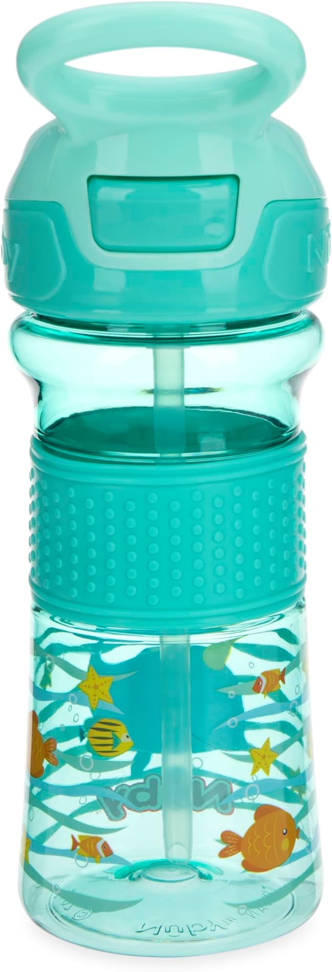 Nuby Thirsty Kids Push Button Flip-it Soft Spout on The Go Water Bottle with Easy Grip Band, 12oz, Narwahl