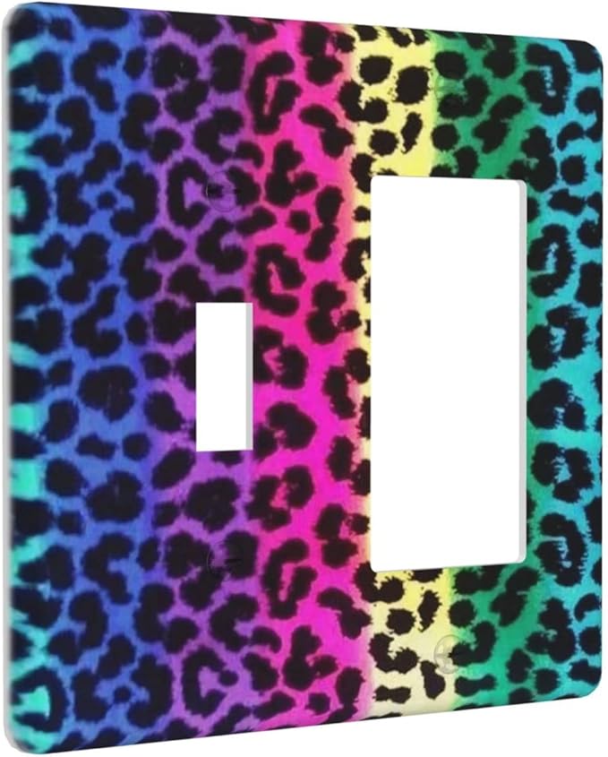 Rainbow Colorful Leopard 2 Gang Single Toggle/Rocker Combination Light Switch Cover Decorative Wall Plate Faceplate Boys Kids Teen Girl Bedroom Room Decorate 4.5" x 4.5