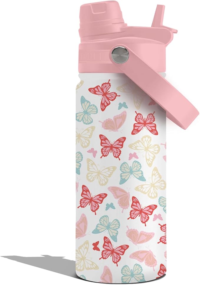 Insulated Water Bottle 18oz, Butterfly Gifts Water Bottle with 2-in-1 Straw and Spout Lid, Pink Butterflies Cup Leakproof, Butterflies Cup for Butterfly Lovers, Birthday Gift Ideal for Girls