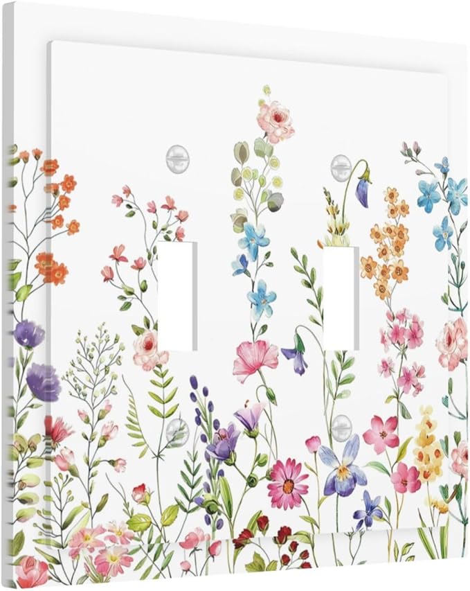 Boho Watercolor Wildflowers Floral Plants Flower Decorative Switch Plates 2 Gang Double Toggle Outlet Light Switch Cover Wall Plate Electrical Faceplate for Bedroom Living Room Decor