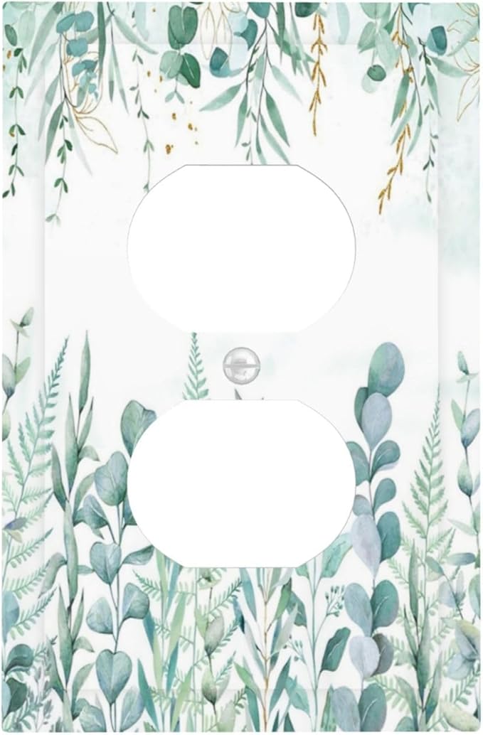 Boho Green Eucalyptus Leaf Floral Sage Flower Outlet Covers 1 Gang Duplex Light Switch Cover Decorative Switch Plates Electrical Receptacle Faceplate Wall Plate for Bedroom Living Room Decor
