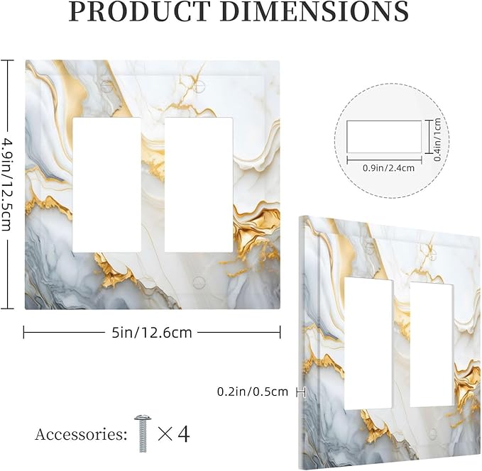 Exquisite White Gold Marble Abstract Luxurious Print Decorative Outlet Covers 2 Gang Double GFCI Rocker Electrical Wall Panels Light Switch Cover Plate for Bathroom Kitchen Decor