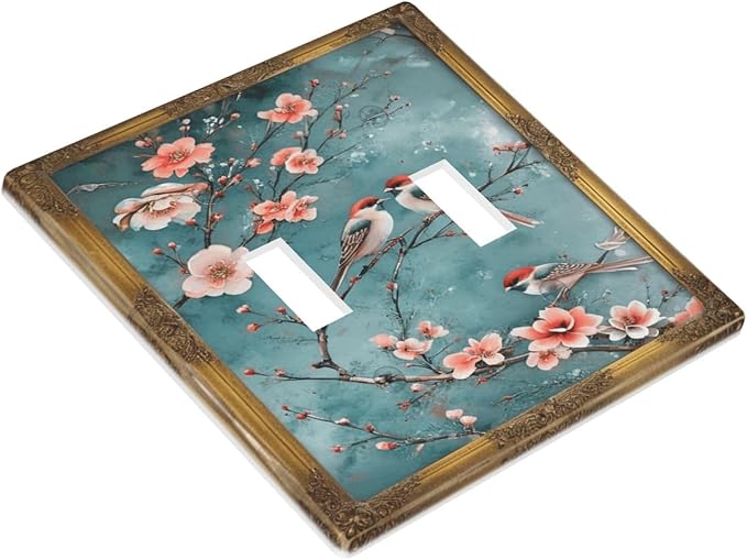 Decorative Art Light Switch Covers Vintage Chinoiserie Oriental - Teal Birds and Floral Branch 2 Gang Double Toggle Wall Plate Decorative Switchcover Electrical Switchplate for Home Decor
