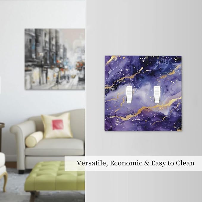 Decorative Light Switch Plate Covers Modernity Abstract Purple Golden Marble 2 Gang Wall Plate Double Toggle Switch Cover Plate Electric Dual Device Electrical Faceplate